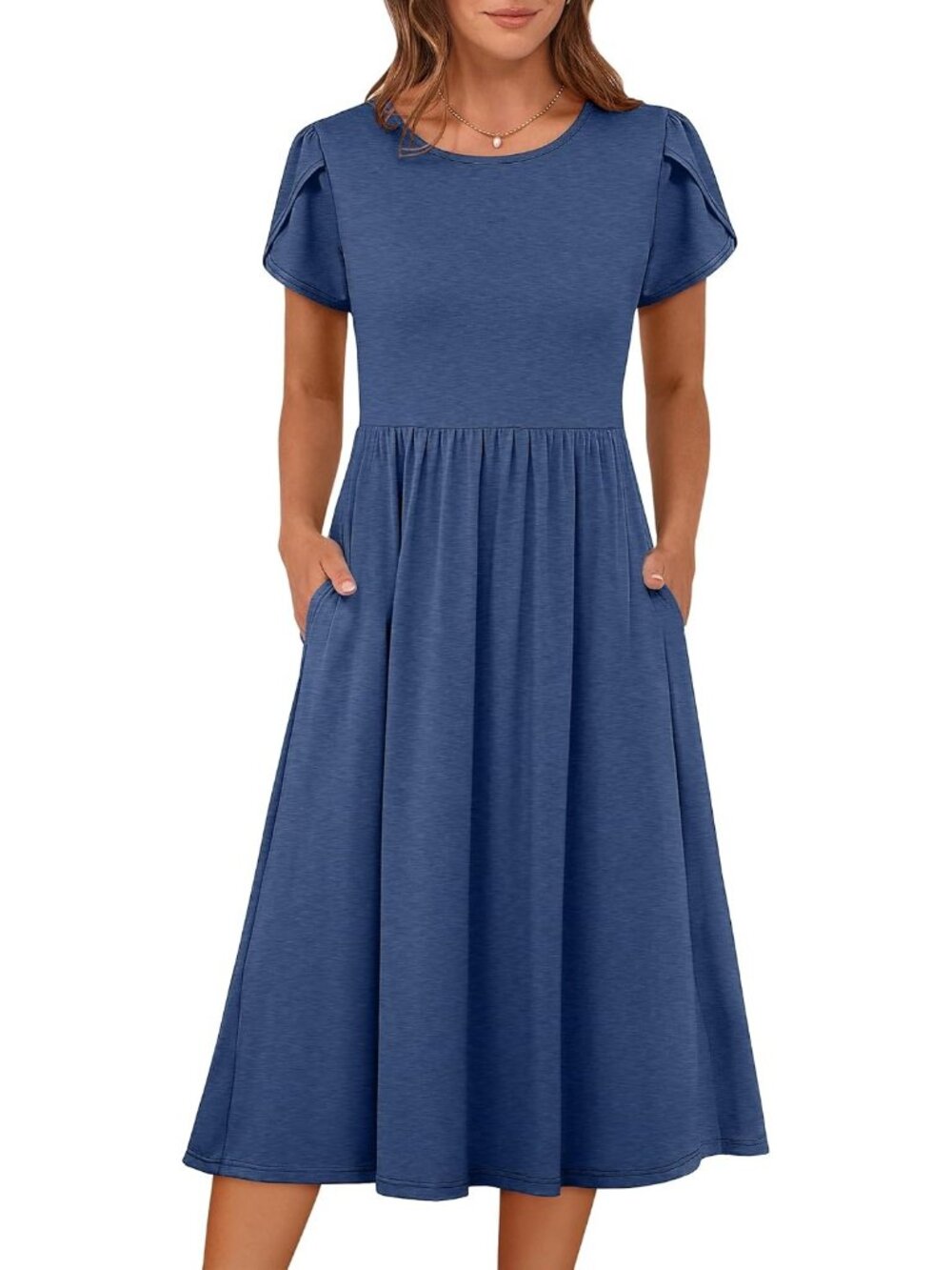 Women's Blue Short Sleeve Crew Neck A LINE Casual With Pockets MIDI Dresses